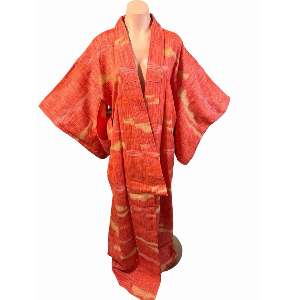 Vintage Japanese Kimono In Salmon Orange Tsumugi Silk In Package